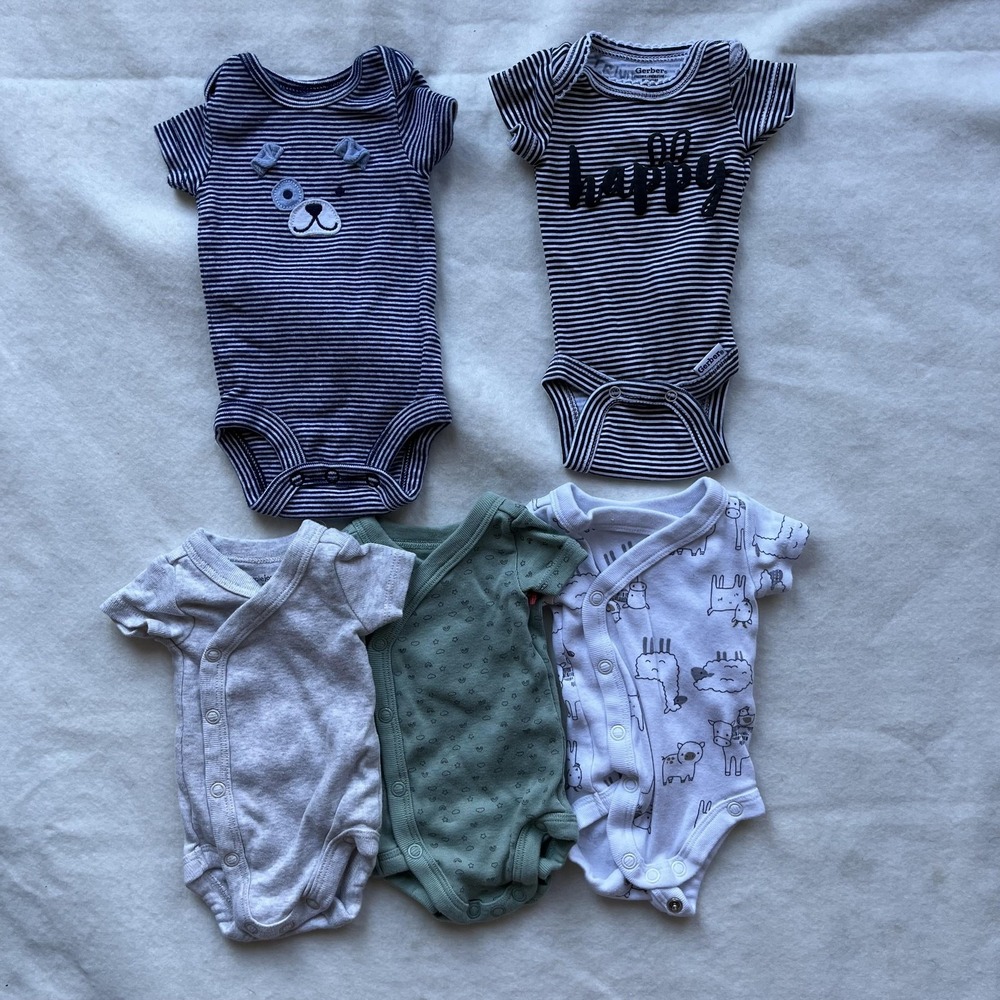 Carter's Gerber Simple‎ Joys Bodysuits Preemie 0m Short Sleeve Side Snap Lot 5